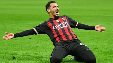 Ismael Bennacer celebrates giving AC Milan the lead against Napoli in the Champions League quarter-finals