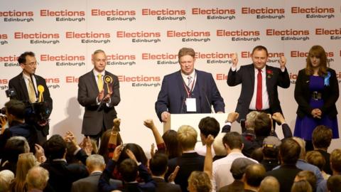 Alan Beale (Lib Dems) Jim Eadie (SNP) with Ian Murray and Stephanie Smith (Cons) on the podium in Edinburgh South