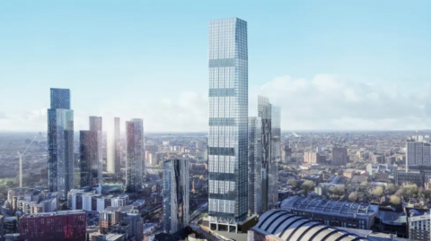 An artists's impression of plans to build another huge skyscraper in Manchester. It is silver, and in the background are loads of other skyscrapers.