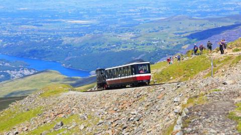 Train on Yr Wyddfa with walkers in the distance