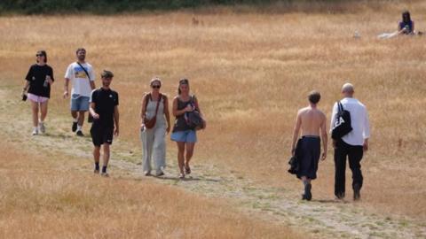 People walk through Hampstead Heath, north London