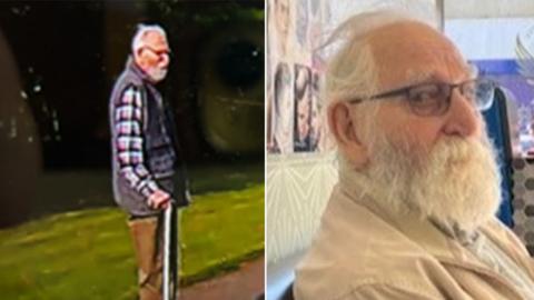 A composite image of Malcolm. The one on the left is a CCTV still showing him standing with a stick wearing glasses and a check shirt, a gilet and brown trousers. The other on the right is a close up picture of Malcolm looking at the camera from a right-side perspective. He is wearing glasses and has white receding hair and white beard.