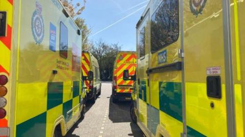 Row of ambulances parked side by side.