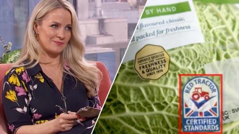 A split photo consisting of Holly Hamilton and a close up of a food label displaying a tractor in front of a Union Jack to indicate it's come from a British farm.