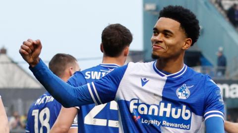 Isaac Hutchinson celebrates scoring against Shrewsbury