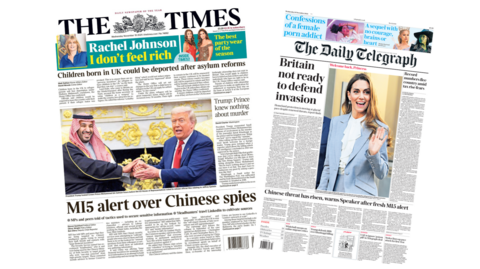 The headline on the front page of the Times reads: “MI5 alert over Chinese spies”. The headline on the front page of the Telegraph reads: "Britain not ready to defend invasion".