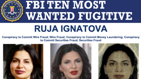 An FBI most wanted poster. 

There are three photos of  Ruja Ignatova - a woman with black hair, red lipstick and olive skin. 