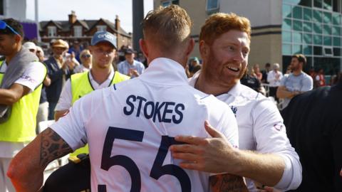 Jonny Bairstow and Ben Stokes hug after England win the second Test against New Zealand at Trent Bridge