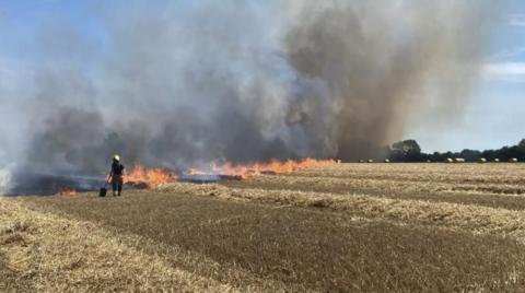 A firefighter is carrying a spade in front of a large field fire. Huge plumes of smoke are billowing upwards.