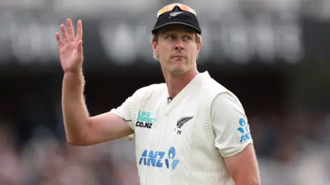 New Zealand fast bowler Kyle Jamieson acknowledges the crowd after taking a five-wicket haul