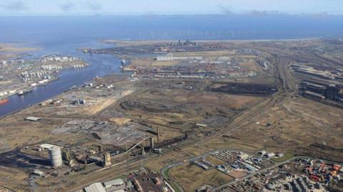 An aerial view of Teesworks. Land is being prepared for construction near the River Tees.