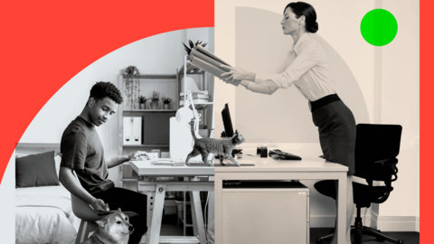 The image is split in two. On the left side a man works from home at his desk, and pets a dog. On the right side a woman stands at her desk in an office environment, and passes a file through to the man working from home. A cat crosses the divide between the two images.