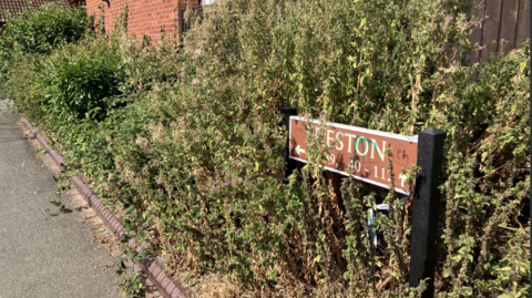 Brown road sign which says Freston wtih some blue and white police tape around it