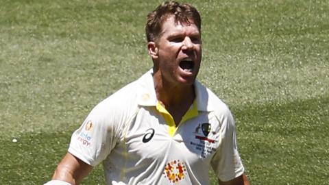 David Warner celebrating hitting a century