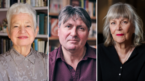 A composite image of three people: Jacqueline Wilson, Simon Armitage and Kate Atkinson