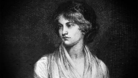 A black and white drawing of Mary Wollstonecraft