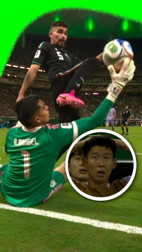 Raul Rangel making a save with Son Heung-min's reaction