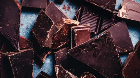 Pieces of broken dark chocolate.