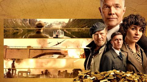 Promotional image for Gold Run. To the left are four of the stars, all looking down the camera. There's a man in suit, another in a flat-cap, a woman with curly hair, and a final smart-looking man at the back
+
+The whole image is tinted gold, with bars of gold laying in front of the four main characters