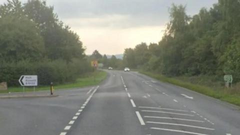 Stretch of road with trees either side and junction to the left with road side saying Holt and white road markings on the road