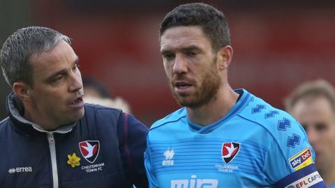 Cheltenham Town captain Ben Tozer with manager Michael Duff