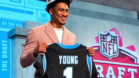 Bryce Young on stage after being selected first in the 2023 NFL draft