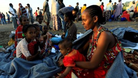 Ethiopian women who fled the ongoing fighting in Tigray region