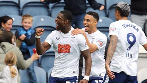 Preston North End's Thierry Small (left) celebrates scoring the opening goal during the Championship match between Preston North End and Charlton Athletic at Deepdale Stadium on October 4, 2025
