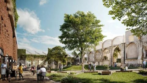Artist impression of what the new site will look like. There are outdoor tables and lots of green space near to the 13th Century Greyfriars monastery.