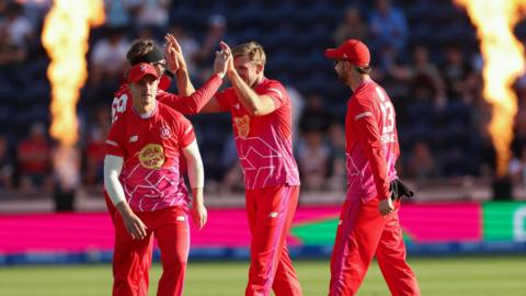 Welsh Fire celebrate a wicket in The Hundred at Sophia Gardens