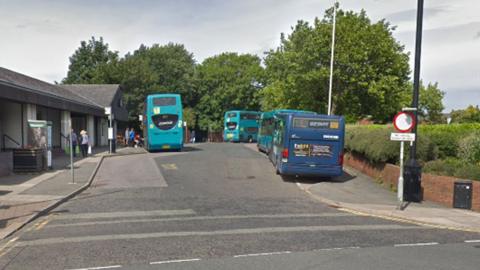 Generic Google Streetview image of the bus station in Ormskirk. Two double decker buses and two single decker blue and turquoise buses are visible - these were not involved in the incident.