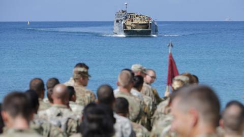 US soldiers wait to be evacuated in St Thomas, US Virgin Islands