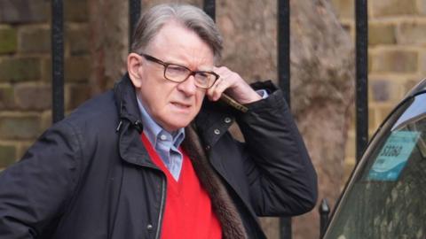 Lord Peter Mandelson outside his London home following his arrest on suspicion of misconduct in public office. Picture date: Monday March 9, 2026.