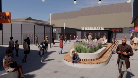 Artist impression showing shoppers walking and sitting outside the centre