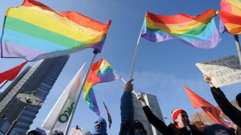 LGBT flags at St Petersburg protest