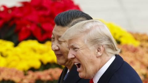 .S. President Donald Trump takes part in a welcoming ceremony with China's President Xi Jinping on November 9, 2017 in Beijing, China.