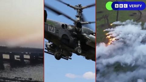 Three images of bridge, helicopter and fires in fields