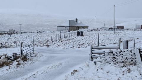 Photo of heavy snow blanketing the ground with farmers gates and building in the distance.
