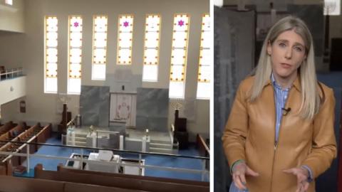 Composite image showing inside of Heaton Park synagogue of left, and BBC correspondent Judith Moritz on right