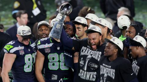 The Seattle Seahawks celebrate winning the Super Bowl