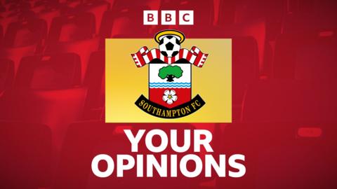 A red image with a white BBC logo and white writing which says "your opinions" - and the Southampton badge on a yellow square box in the middle