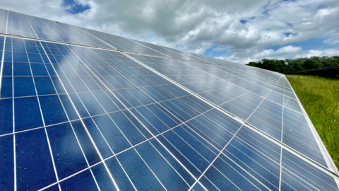 A solar panel set among grass with trees and clouds in the background. It is a sunny day.