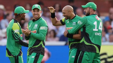 Southern Brave players celebrate a wicket during the 2024 Hundred final