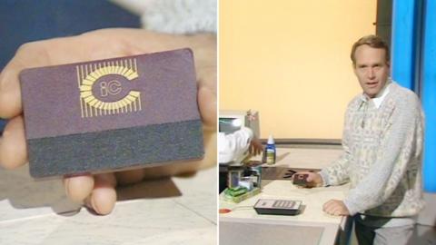 A split image of a credit card close-up and the presenter of Tomorrow’s World.