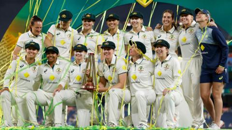 Australia celebrate with the Women's Ashes trophy