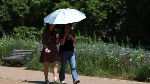 Women shelter themselves from sun with umbrella in London park on 26 June 2026