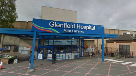 Exterior view of Glenfield Hospital's main entrance taken from Google Streetview