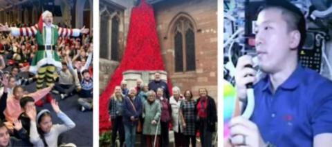 Three images in a composite. The first shows David Walliams dressed as an elf, the second a group of people stand in front of a poppy cascade and an astronaut is in the space station