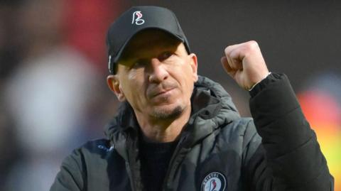 Bristol City boss Gerhard Struber pumps his fist in the air in celebration after the 2-0 win over Sheffield Wednesday