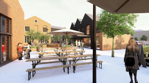 A computer-generated image of redevelopment to the former Wadworth brewery site in Devizes, showing a courtyard with buildings and trees around it. Some of the buildings are original brick, others are clad in wood. In the courtyard can be seen tables and benches and people chatting or walking through. 